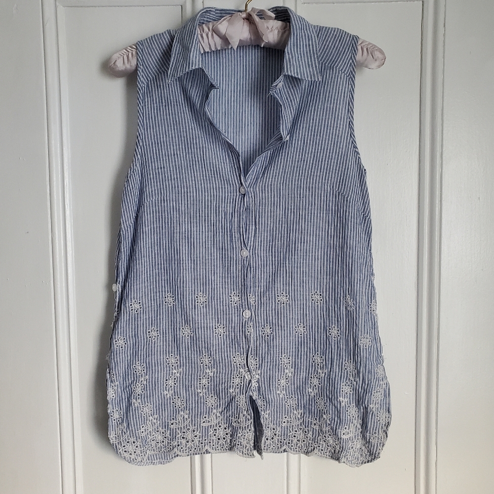 Passport 100% Cotton Chambray Sleeveless Embroidered Button Down